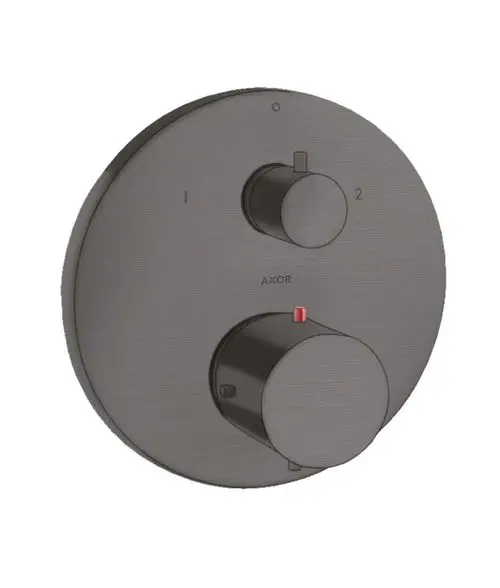 Thermostat von AXOR mit zwei Bedienelementen auf einer runden, gebürstet schwarzen Chromplatte. Ein Element hat einen roten Indikator.